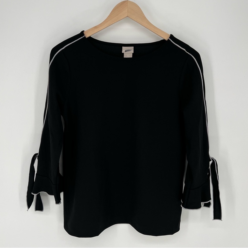 Chico's Womens Tie Sleeve Blouse Size S Black Pullover 3/4 Sleeve Stretch Career